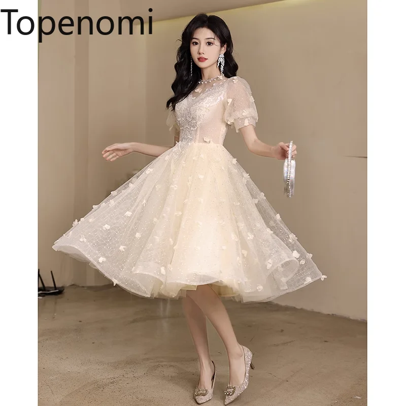 

Topenomi Fairy Quinceanera Prom Dress Women Gown 2024 Summer Luxury Short Sleeve High Waist A-line Evening Party Dresses Sweet