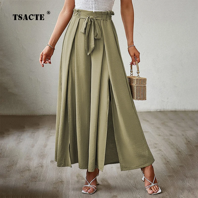 

Elegant Ladies Office Loose Pants Sping Summer Simple Casual Solid Color Belt High Waist Wide-leg Pants Fashion Female Trousers