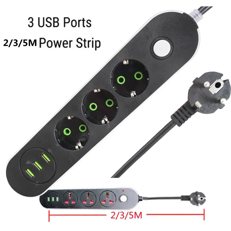 Power Strip 3 Round 3AC USB Travel Adapter Socket Plug EU Extension Cable Kitchen Household Universal Charger