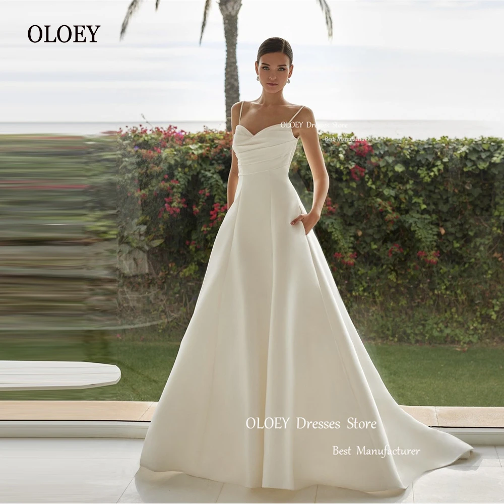 

OLOEY 2023 Simple A Line Soft Satin Wedding Dresses Spaghetti Straps Pockets Sweep Train Bridal Gowns Vestido de noiva