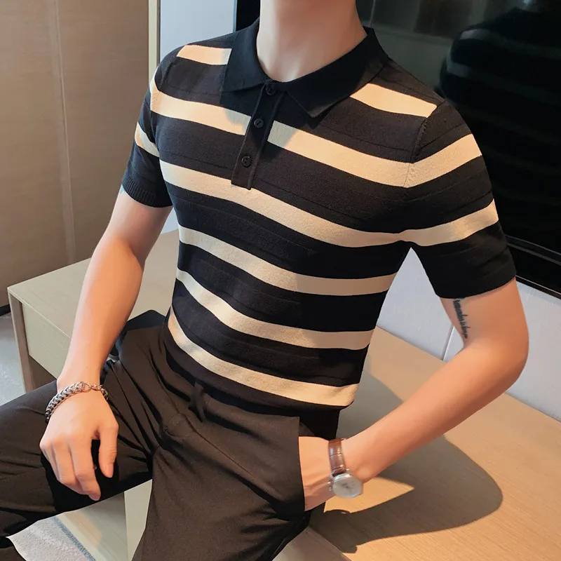 

Fashion Classic Top Striped Knitted Ice Silk Short Sleeve POLO Shirt Men Summer Light Luxury Europe and The United Kingdom Style