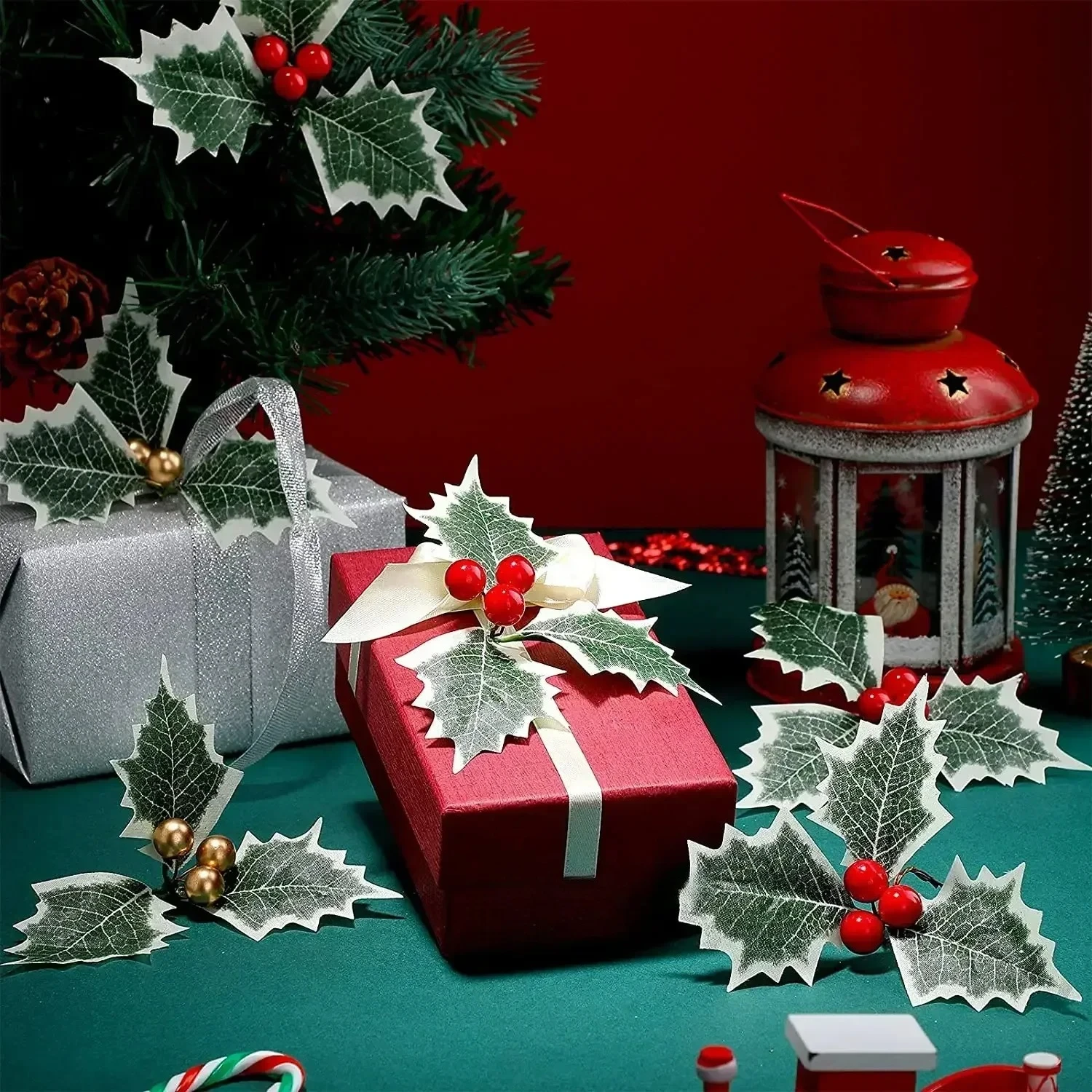 2025 Artificial Flowers Holly Berries with Leaves Christmas Wreath Navidad Decor Gift Festive Party Supplies Artificial Flowers