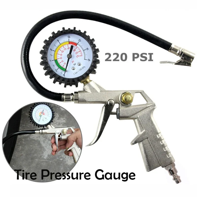

Dial Tire Inflator Gauge Flexible Hose 220 PSI Air Chuck Tyre Pressure Meter Vehicle Tester Tyre Inflation Gun Monitoring Tool