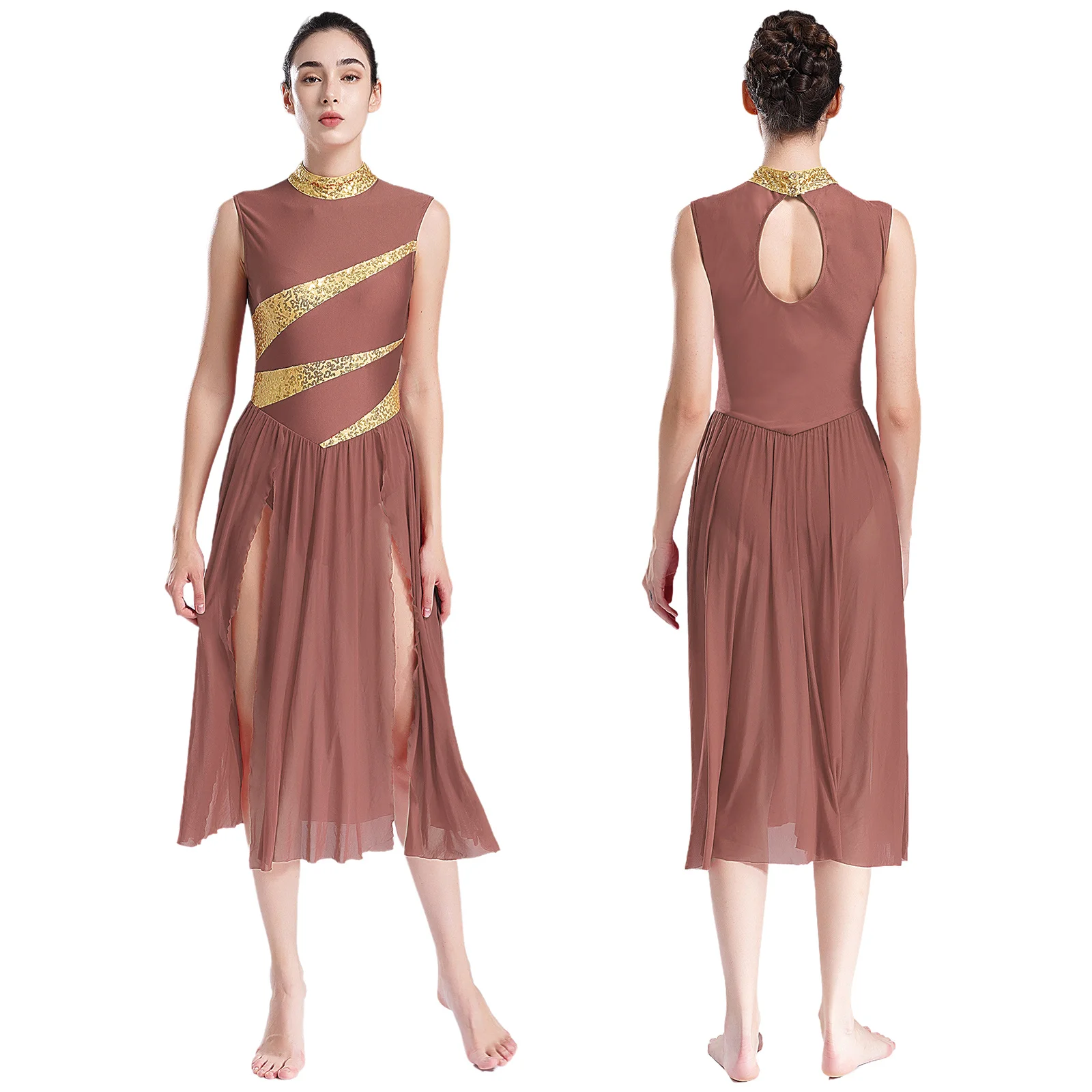 thumbnail image 1 of Vestido de baile lírico de Ballet con lentejuelas brillantes para mujer, leotardo dividido de malla de tul, disfraz de baile litúrgico de Iglesia, 1 of 5