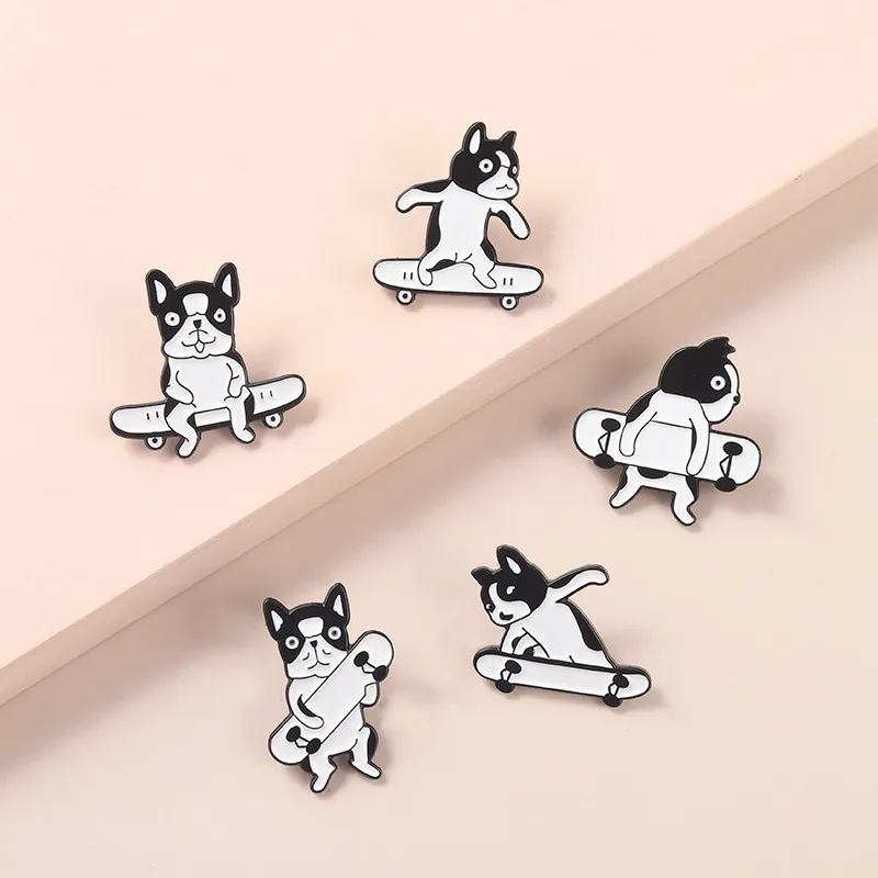 Skateboard Motion Enamel Pins Custom Black and White Spotted Dog Brooch Lapel Badge Bag Cartoon Pin Jewelry Gift for Kid Friend |