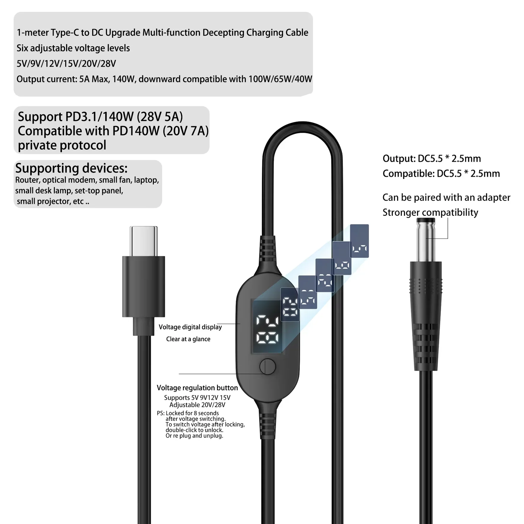 Adjustable Voltage USB-C to DC Power Cable - 140W Adapter Connector