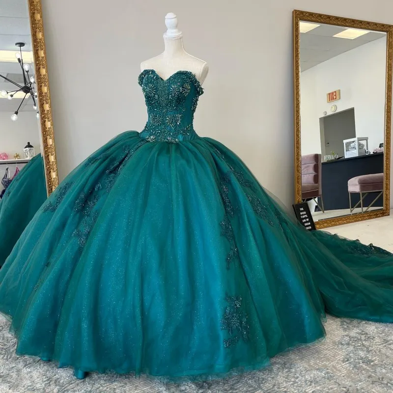 

Emerald Green Shiny Vestidos De 15 Años Quinceañeras Ball Gowns Quinceanera Dresses Beaded Crystal Applique Birthday Rhinestones