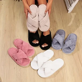 Fall/Winter Women's Cross Strap Slippers, Comfortable Indoor Fleece Slip-On House Slippers, Fashion Home Slippers for All Seasons 1