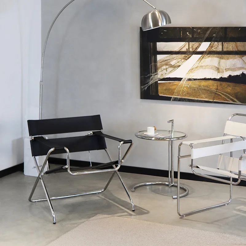 

Vassili Chair Chinese Style Designer White Stainless Steel Saddle Leather Foldable Leisure Couch