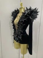 2025 New Shiny Black Rhinestone Velvet Long Sleeve Bodysuit Women Evening Party Club Gala Hosts NightClub Bar Stage Costumes - Image 2