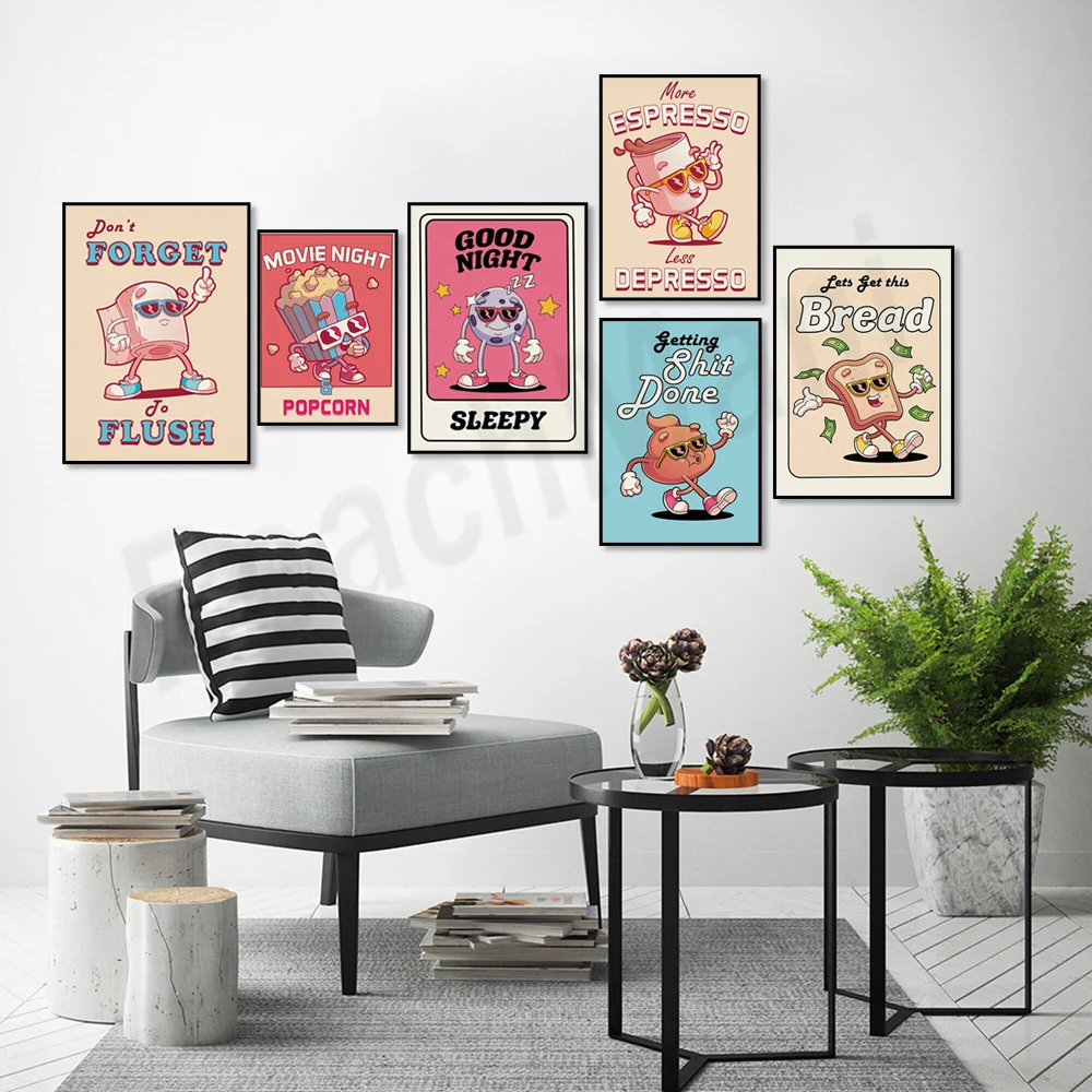 

Vintage character print, coffee art, popcorn, pizza, good morning art, easy squeeze a lemon, retro colors, trendy wall decor art