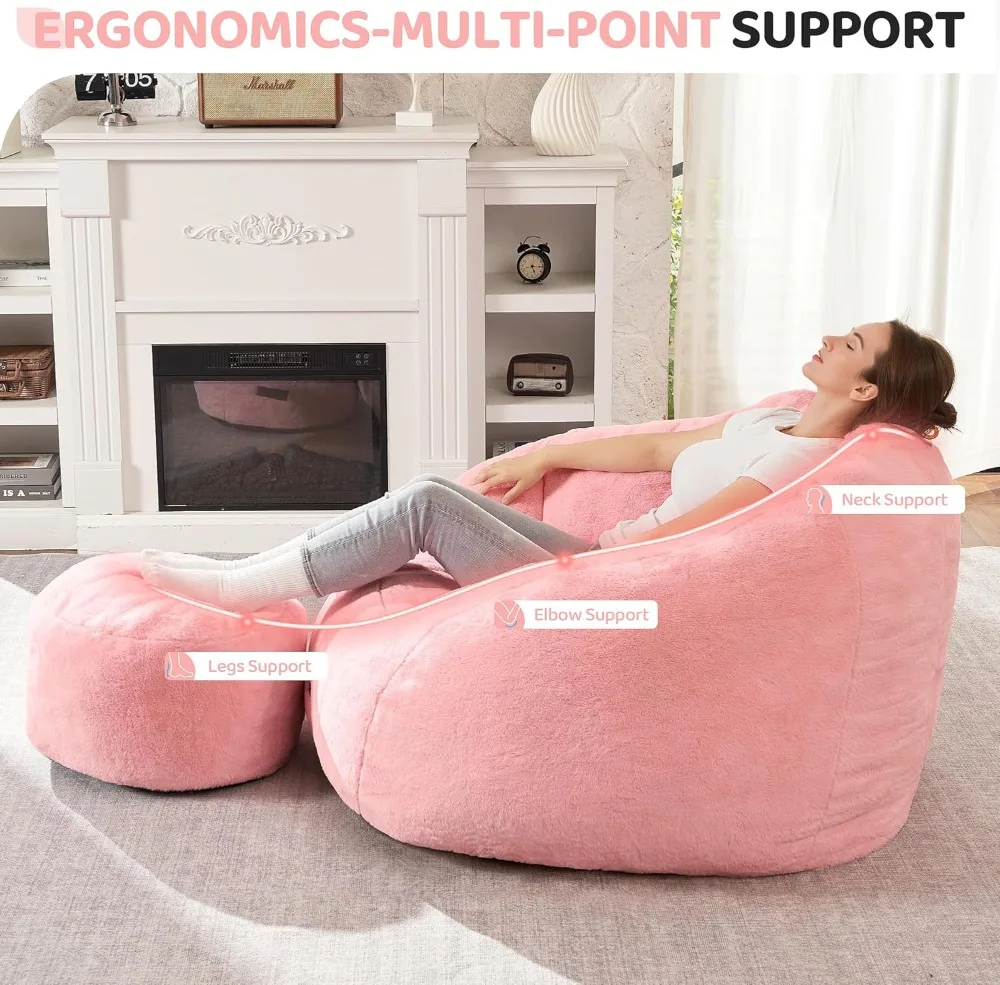 Giant Faux Fur Bean Bag Chair with Ottoman, Shell-Shaped Lounge Sofa for Living Room Bedroom, Pink
