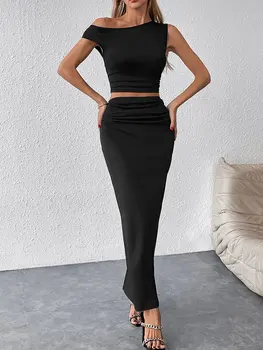 Spring Women's Tank Maxi Skirt New Two Piece Fashion Tank Black Sexy Split Skirt Lady Casual Slim Elegant High Quality Clothing 1
