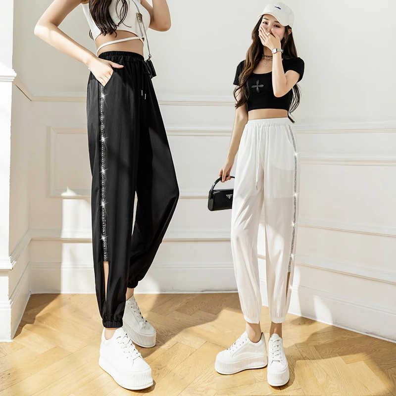 Pantalones deportivos de seda de hielo para mujer, ropa deportiva de secado rápido, informal, brillante, a la moda, barato, venta al por mayor, envío directo, de verano| | - AliExpress