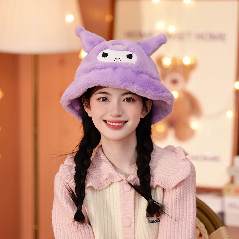 

Sanrio Kawaii Anime Kuromi Hat Cinnamoroll My Melody Plush Plush Winter New Girls Outdoor Windproof and Warm Fisherman Hat Gift