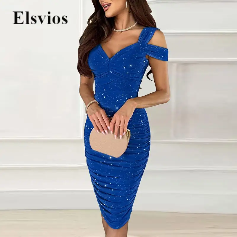 

Elegant Glitter Off Shoulder Hollow Dress Sexy V Neck Women Draped Slim Party Dress Eelgant Sleeveless Lady Bodycon Office Dress