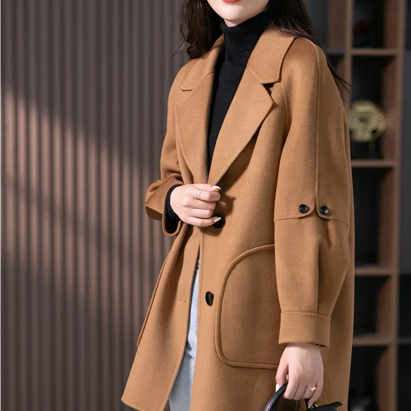 

Elegant Woolen Trench Coat Winter for Women Vintage Windbreakers Jacket Loose Turn-Down Collar Cardigan Button Coats for Women