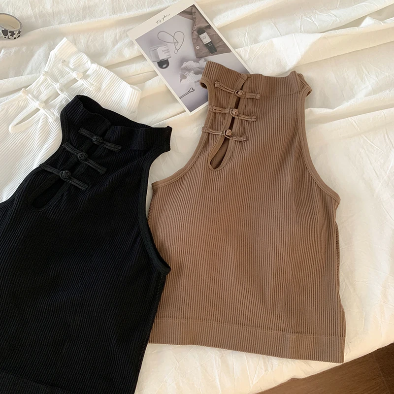 ITOOLIN Elegant Women Chinese Button Tank Tops With Bra Pad O-Neck Sleeveless Tank Tops For Women Sexy Crop Tops All-Match 2024