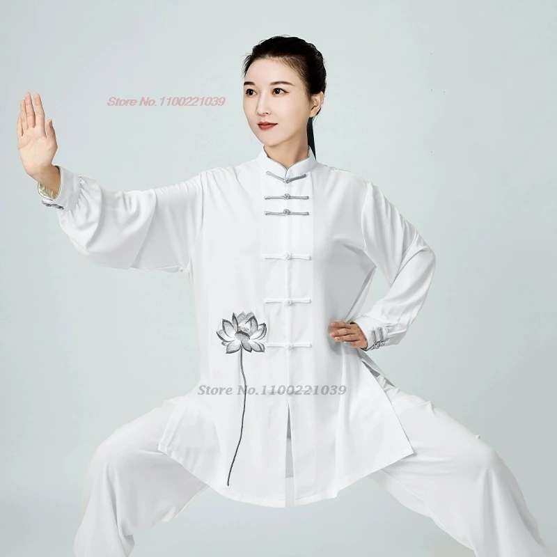 2024 Cinese Tai Chi Uniform Wushu Taiji Morning Exercise Tops + Pants Set Flower Print Stage Team Performance Kungfu Tai Chi Set