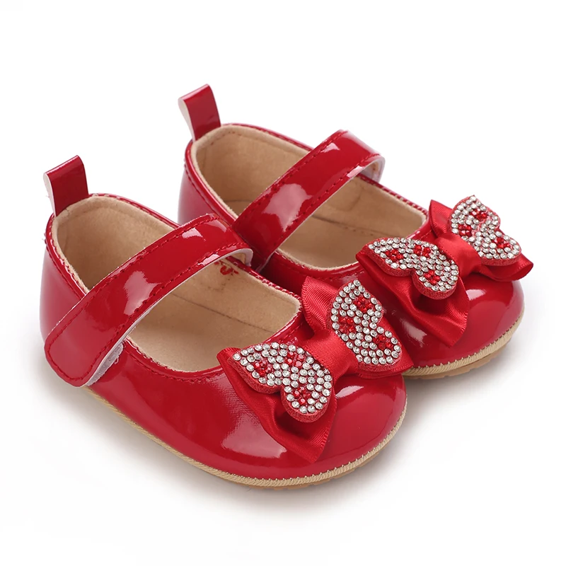 Baby shoes Red classic PU leather girl bow princess flat shoes anti slip rubber sole walking newborn baby crib dress shoes 0-18M