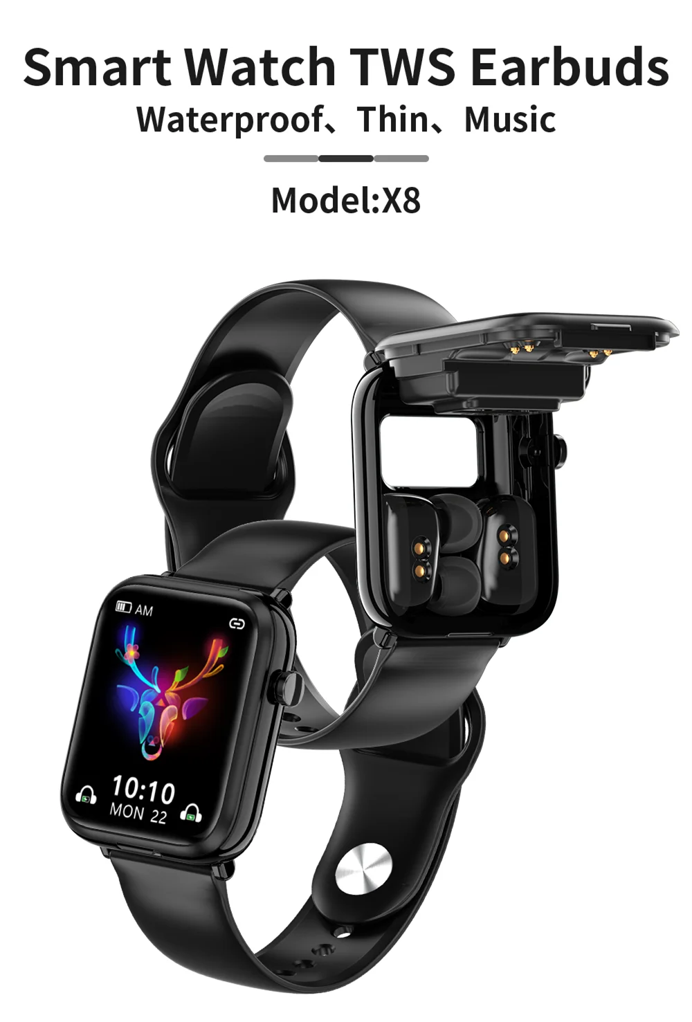 2022 New Smart Watch TWS Bluetooth Headset 2 in 1 Men's IP67 Waterproof Electronic Watch Sports Fitness Heart Rate Smartwatch