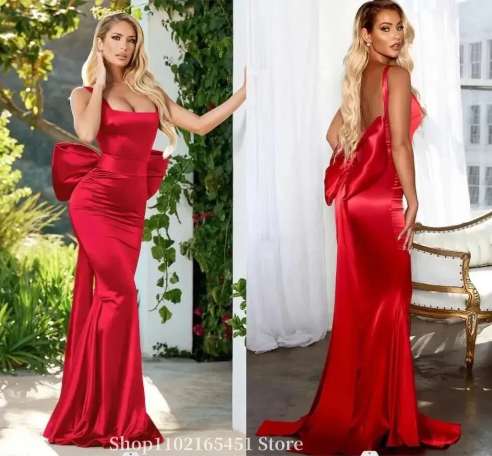 

Sexy Mermaid Prom Formal Dresses with Big Bow Backless Square Neck Dark Red Stain Backless Evening Occasion Reception Gowns