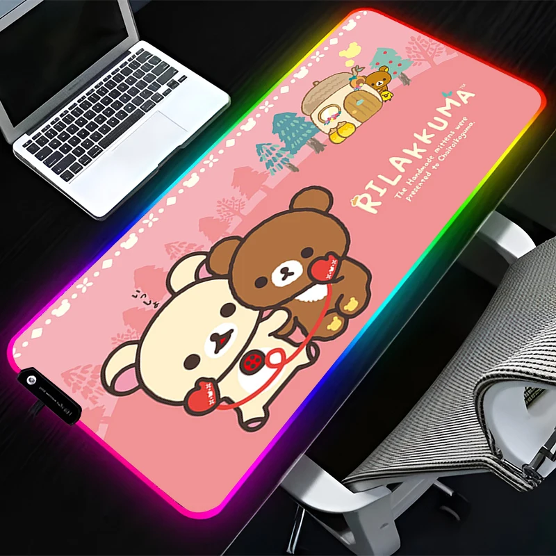 

Anime RGB Mousepad Pink Rilakkuma LED Glow Backlit Game Mouse Pad Keyboard Office Table Mat 900x400 Cute Table Mat for Girl Gift