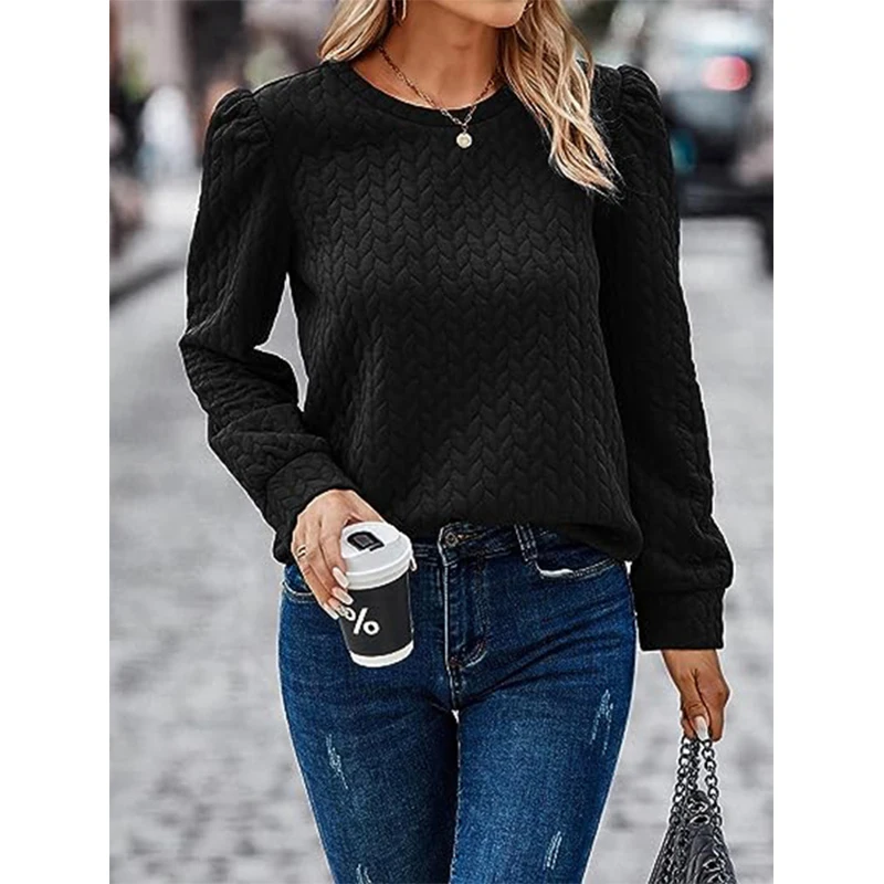 Autumn Winter New Round Neck Solid Color Sweatshirt Ladies Loose Casual All-match Pullover Puff Long Sleeve Bottoming Top Women