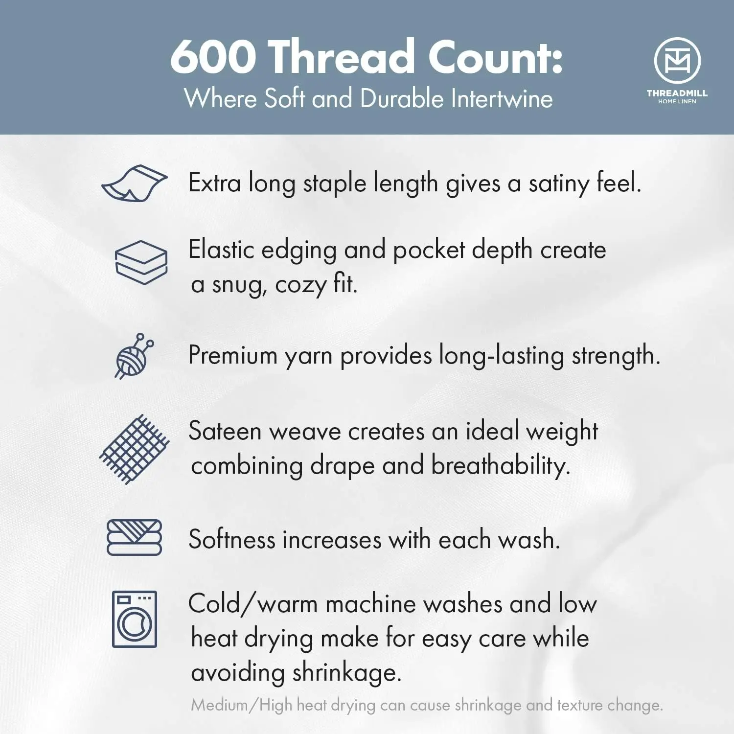 Threadmill 100% Cotton Sheets for Queen Size Bed - 600 Thread Count Queen Bed Sheets Set with 16” Deep Pocket - Sateen 3