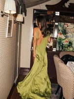 Elegant Green Satin Ruffles Sling Long Dress Women Sexy Backless Sleeveless Split Slim Dresses Lady 2025 New Party Club Vestidos 1