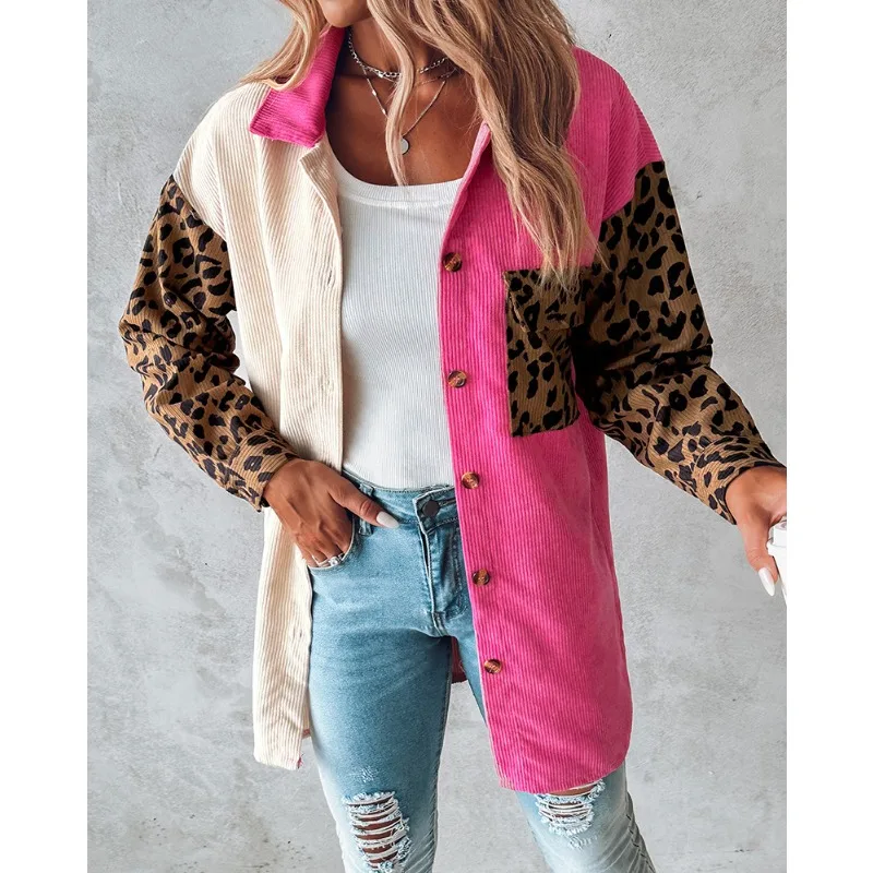 

Colorblock Leopard Print Corduroy Shacket Coat Women Elegant Long Sleeve Turn Down Collar Single Breasted Top Y2K Chic Clothes
