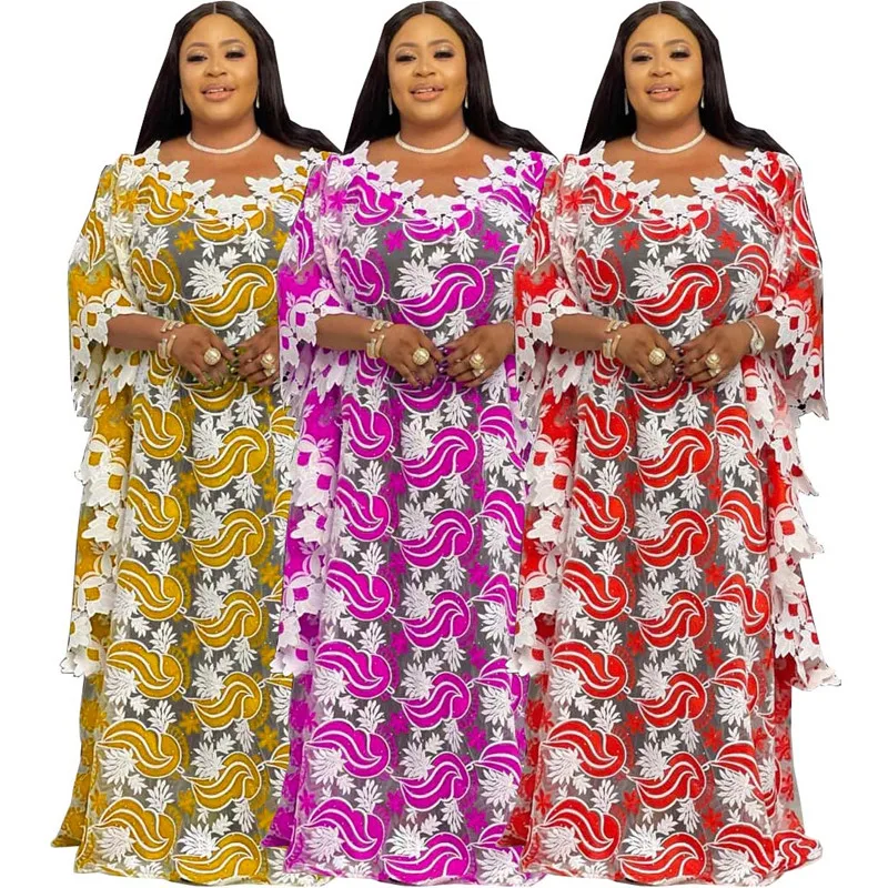 

African Guipure Lace Boubou Dresses For Women Plus Size Traditional Dashiki 3 Piece Abaya Set Dubai Turkey Muslim Hijab Dress