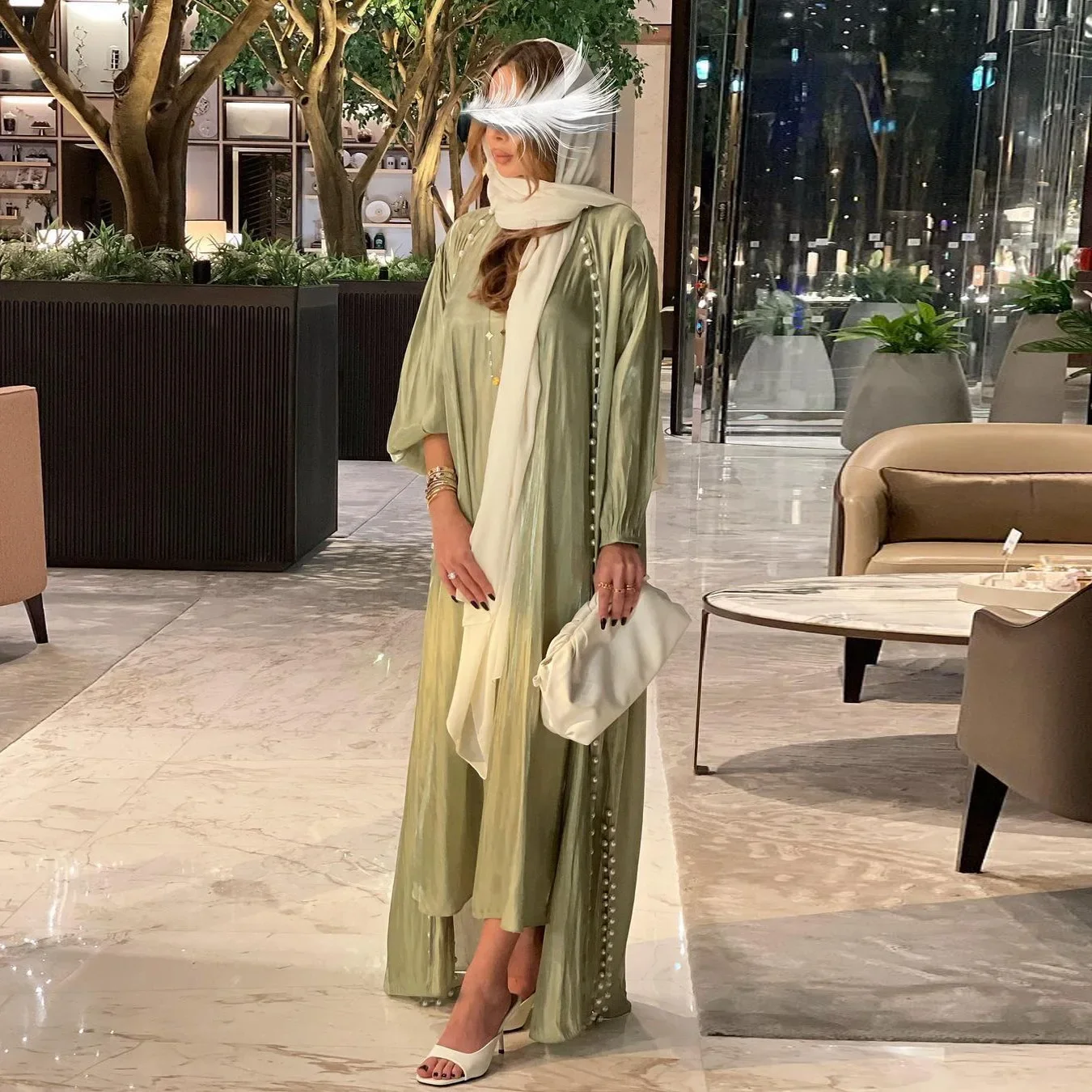 Beads Silky Satin 2 Piece Abaya Set Party Evening Sleeveless Dress+Kimono Dubai Modest Islamic Muslim Suit Sets Women (No Hijab)