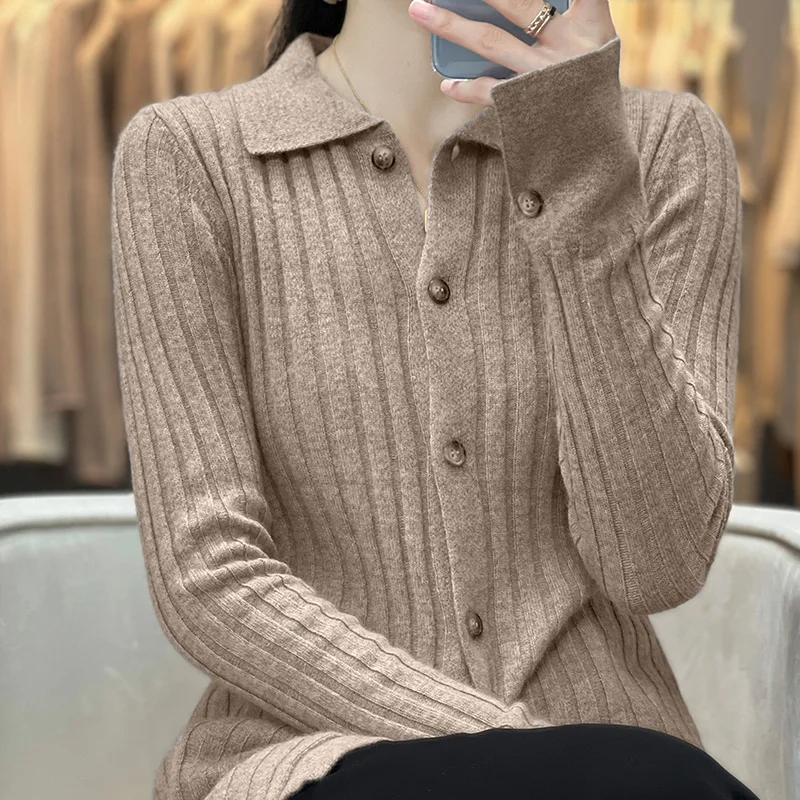 

2022 autumn and winter new cashmere sweater cardigan women's lapel loose wool knitted long sleeve cardigan