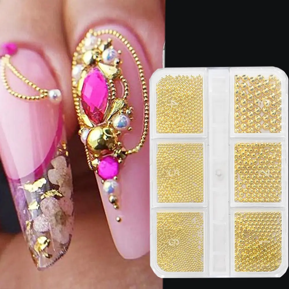 6Grids Mixed Size Stainless Steel Caviar Beads Nail Charms