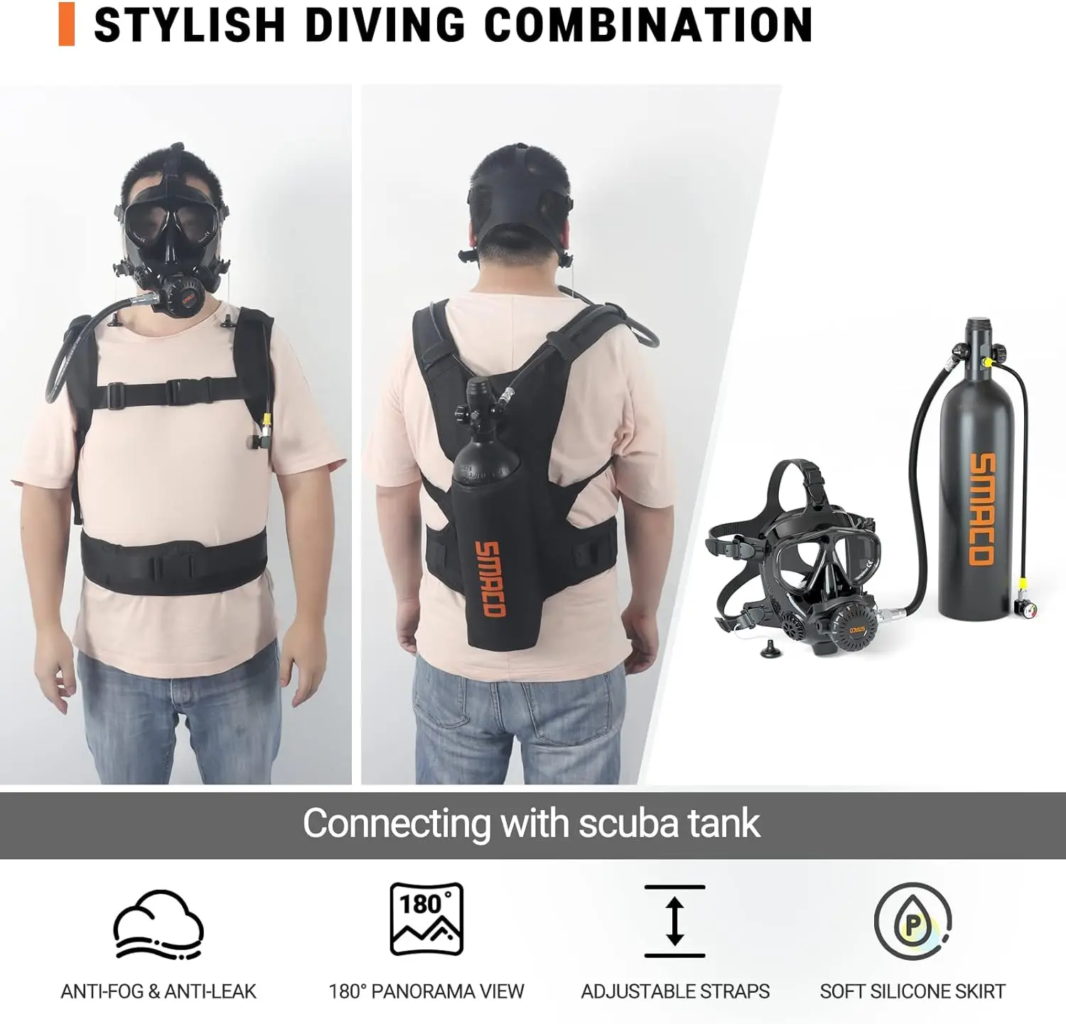 Full Face Dive Mask Support Diving Snorkeling, Full Face Snorkel Mask Adjustable Scuba with Camera Mount Provide 180&deg; View