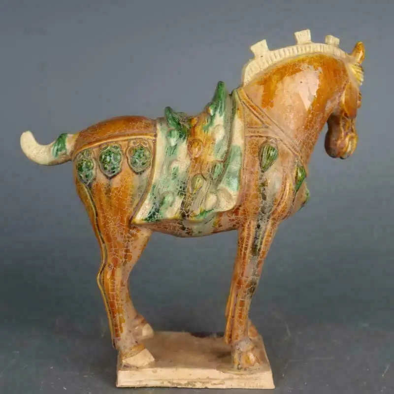 

19.8cm Chinese Old Tang Tri Color Glazed Ceramics War Horse Statue Antique Decor