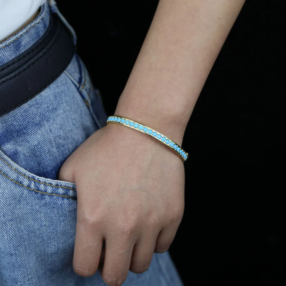 New Bezel Setting Small Beads Blue Turquoise Bangles for Women Brass with Gold Plated Color Classic Bracelet Fashion Jewelry 5