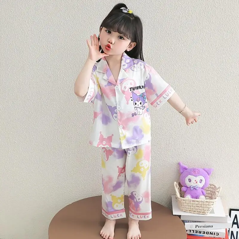 2피스 애니메이션 쿠로미 키즈 여름 아이스 실크 파자마 마이멜로디 여아 홈웨어 세트 반팔 바지 파자마 투피스 세트 선물