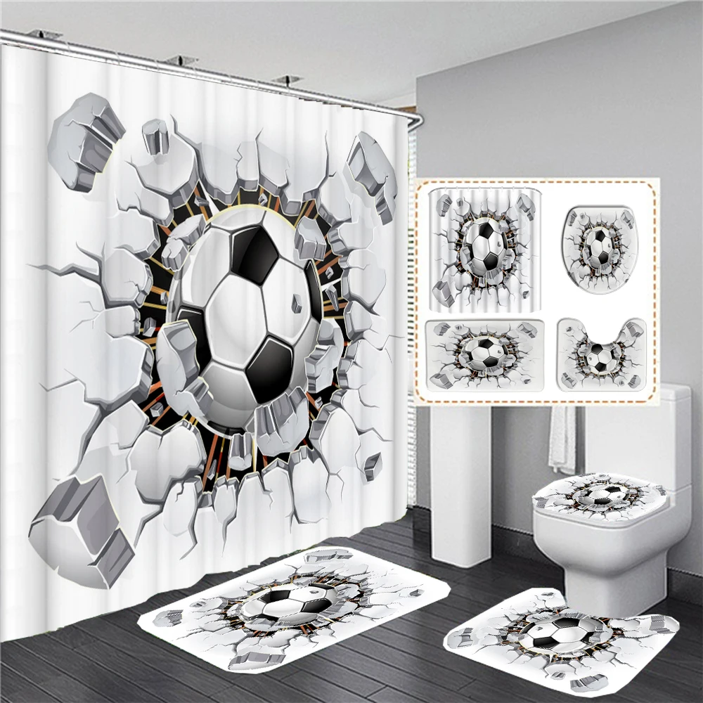 

Creative Personality Football Shower Curtains 3D Printed Bathroom Accessories Partition Waterproof Bath Curtain Rugs and Mat Set