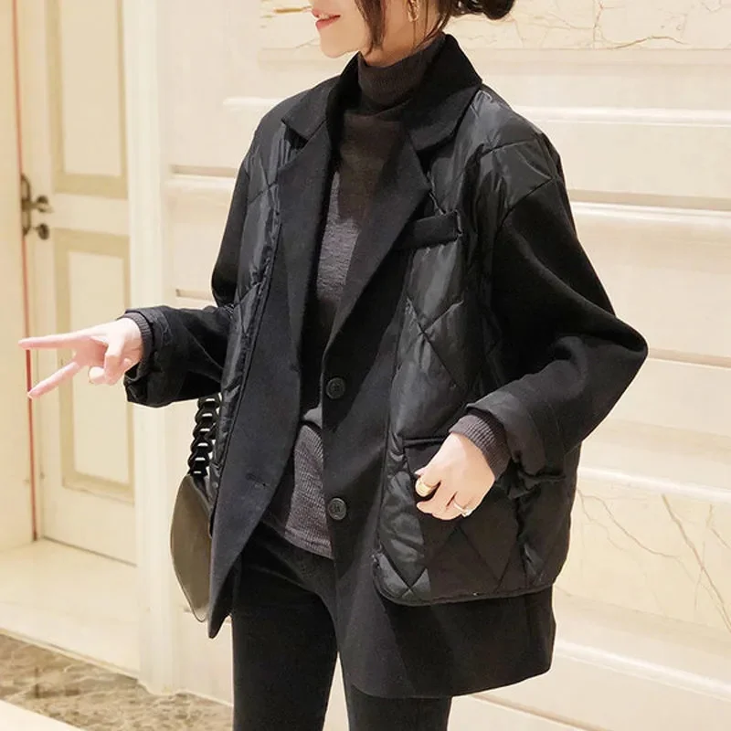 preto falso de duas peças terno colarinho para baixo jaqueta estilo coreano feminino outono inverno novo casaco feminino estação europeia tendência