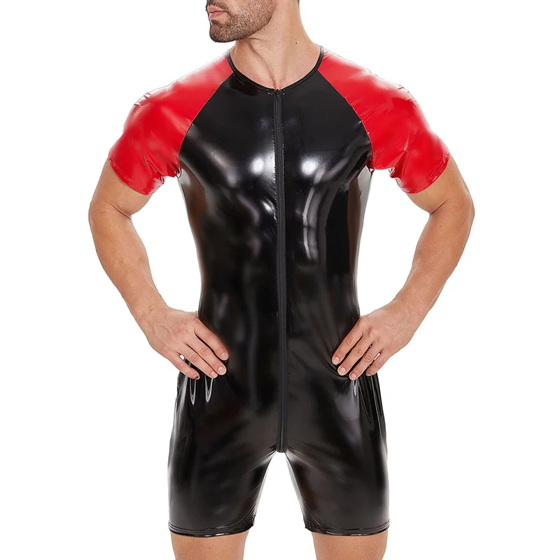 S to 7XL Shiny PVC Leather Jumpsuit for Men Short Sleeve Sexy Open Crotch Slim Fit Tight Bodysuit Zip One Piece Catsuit Clubwear