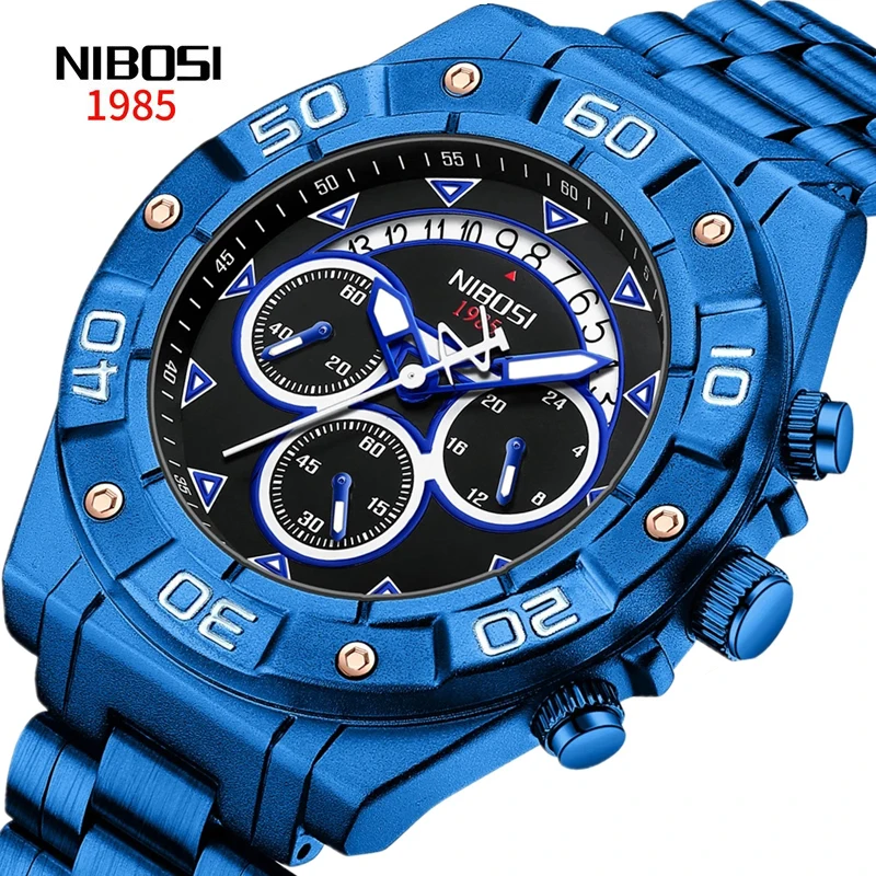 

NIBOSI Mens Watches Top Brand Luxury Chronograph Quartz Watch Men Full Steel Blue Big Dial Sport Waterproof Clock Reloj Hombre