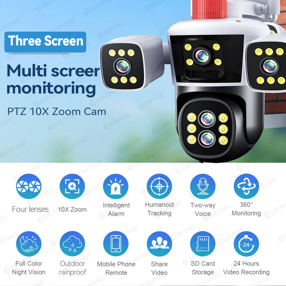 10K 20MP WiFi Security Camera Five Lens Three Screen 360° PTZ View  Surveillance | eBay