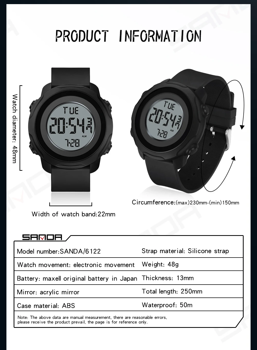 SANDA Brand New Waterproof Men Watch Fashion Multifunctional Luminous Digital Wristwatch Outdoors Sports Student Watches 6122