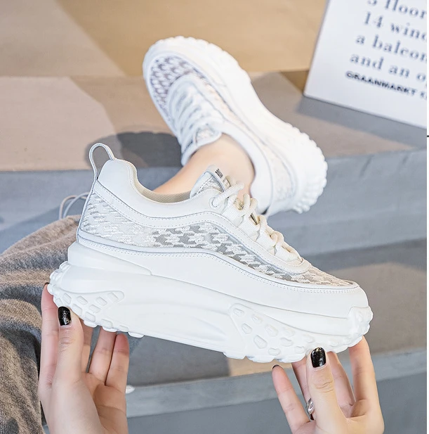 

Breathable Mesh Shoes Women's 2023 Summer New Leather Inner Heightening Dad's Shoes Versatile Casual Little White Shoes sneaker