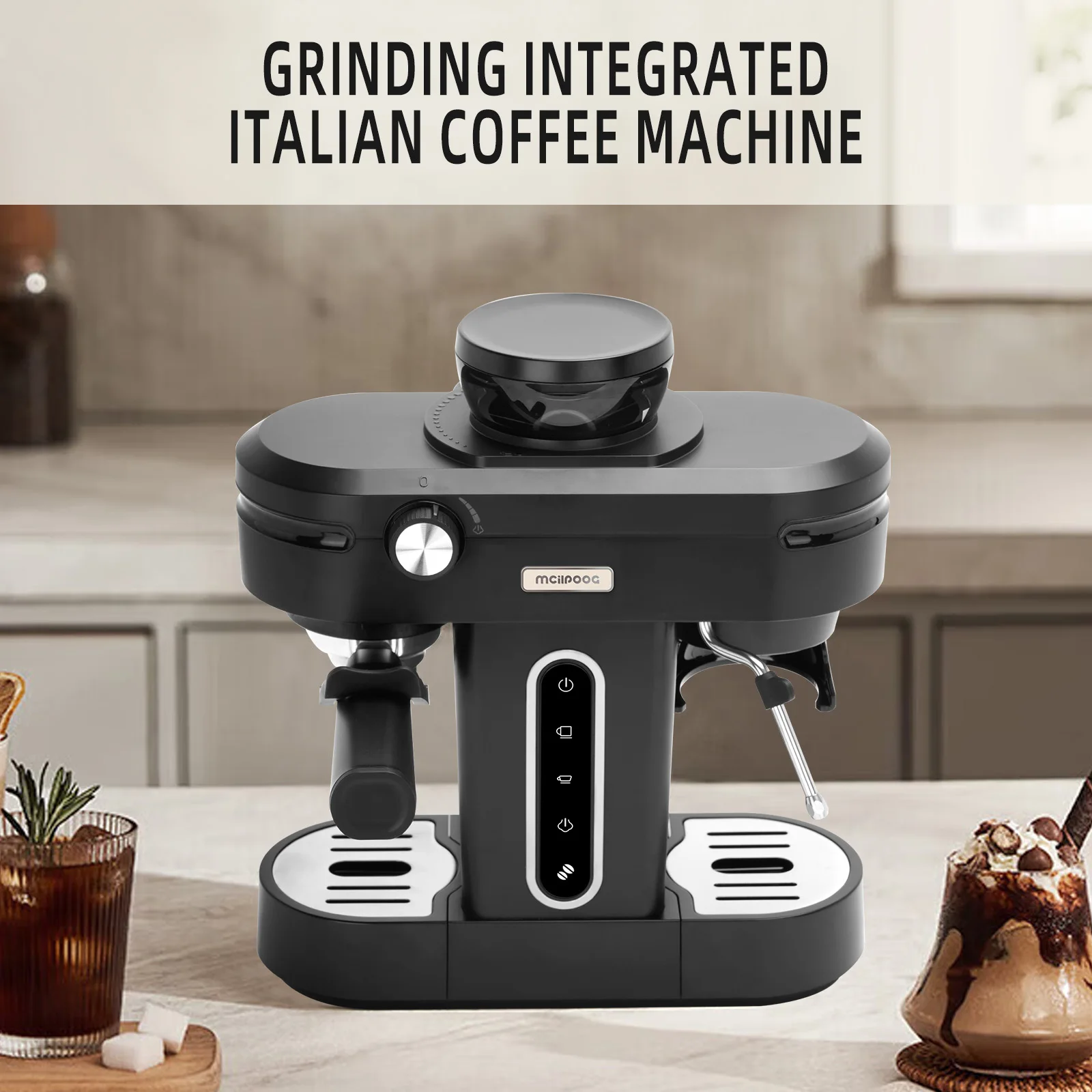 Automatic Coffee Machine Mcilpoog AC510 19Bar Semi Automatic Espresso Machine With Grinder & Steam Wand 3-in-1 Espresso Machine for Cappuccino or Latte.