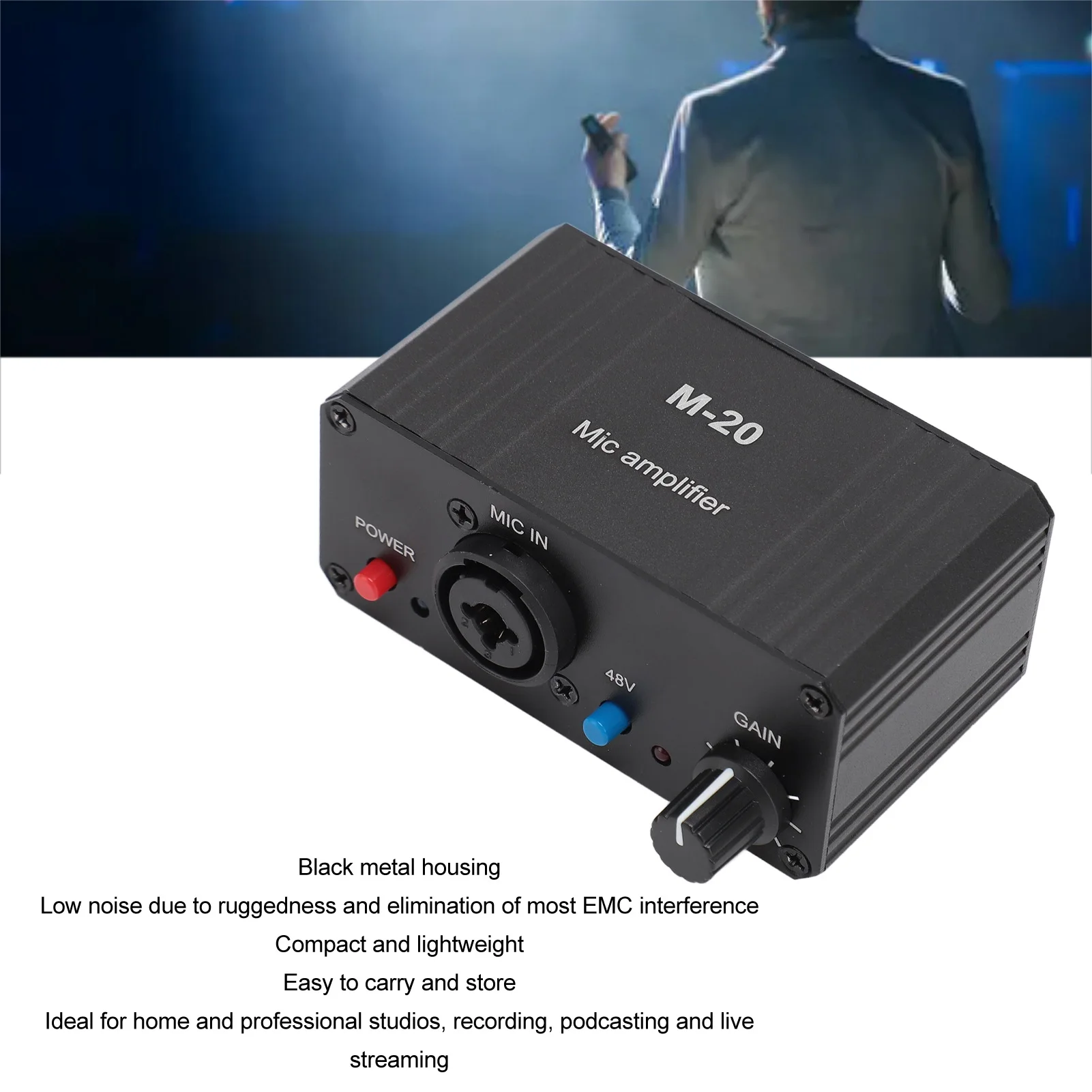 Microphone Preamplifier Microphone Preamp Black Metal Case XLR Output 48V Phantom Power Compact High Gain for Condenser