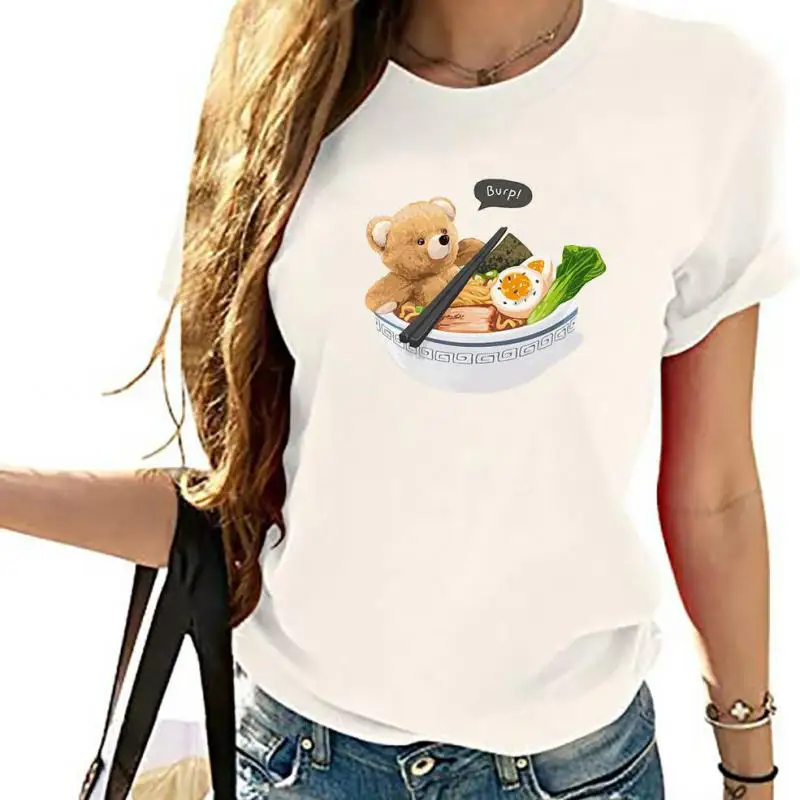 100% Cotton Bear Rice Print Short Sleeve T-Shirt Women's Half Sleeve Summer Casual Fashion Women's T-Shirt Ladies Top Shirt 4XL new summer neutral forest nature print t shirt everyday fashion casual top harajuku 14 color pure cotton round neck short sleeve