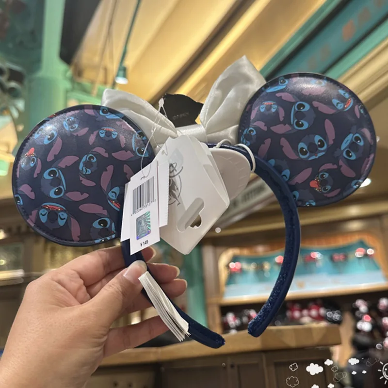 Disney Lilo& Stitch Headband Cartoon Embroidered Bow Stitch Metal Badge Shanghai Disneyland PU Leather Mickey Ear Headwear